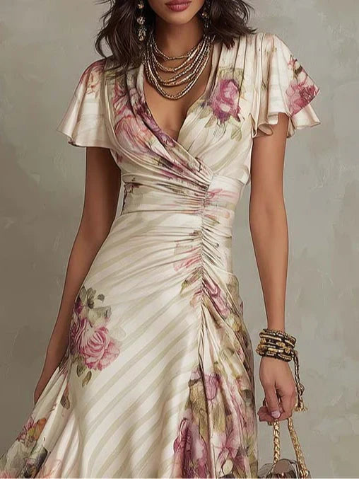ROBE MIDI CROISÉE FLEURIE FRONCÉE ÉLÉGANTE ALBINA