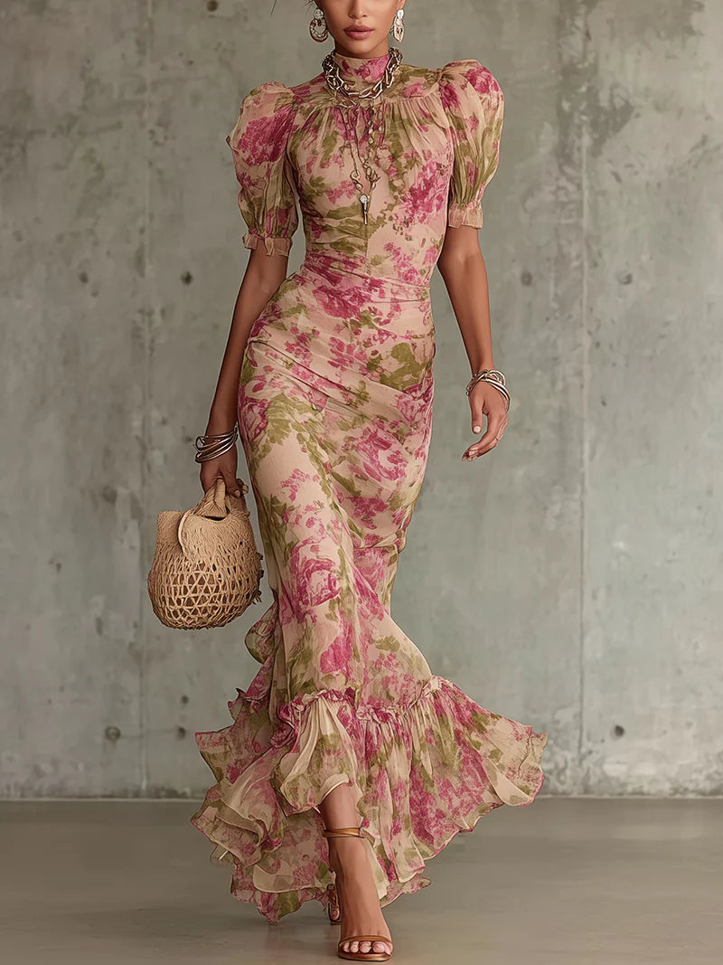 ROBE MAXI FIORELLA MANCHES BOUFFANTES ROSE VINTAGE ROMANTIQUE