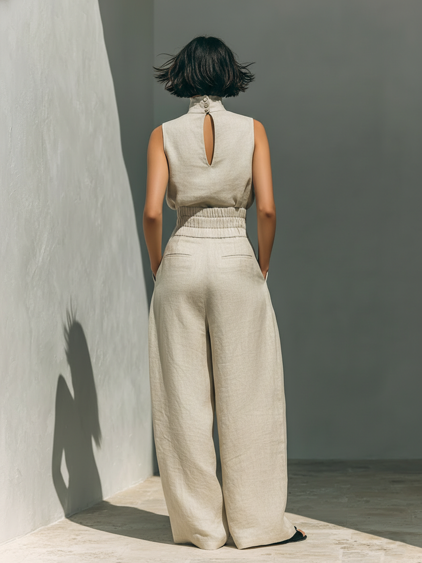 ENSEMBLE BEIGE SANS MANCHES JAMBES LARGES DÉCONTRACTÉ AURELIA