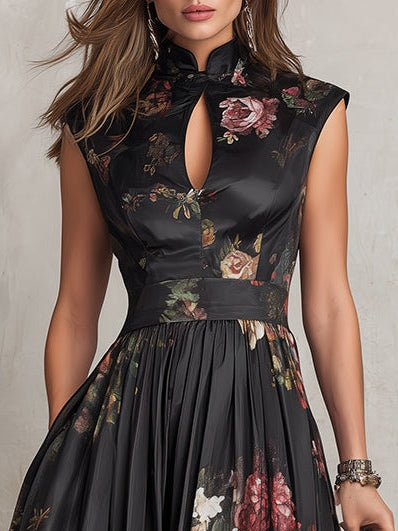 ROBE MIDI NOIRE VIONNA, SATIN PLISSÉ FLORAL DÉCOUPE COEUR