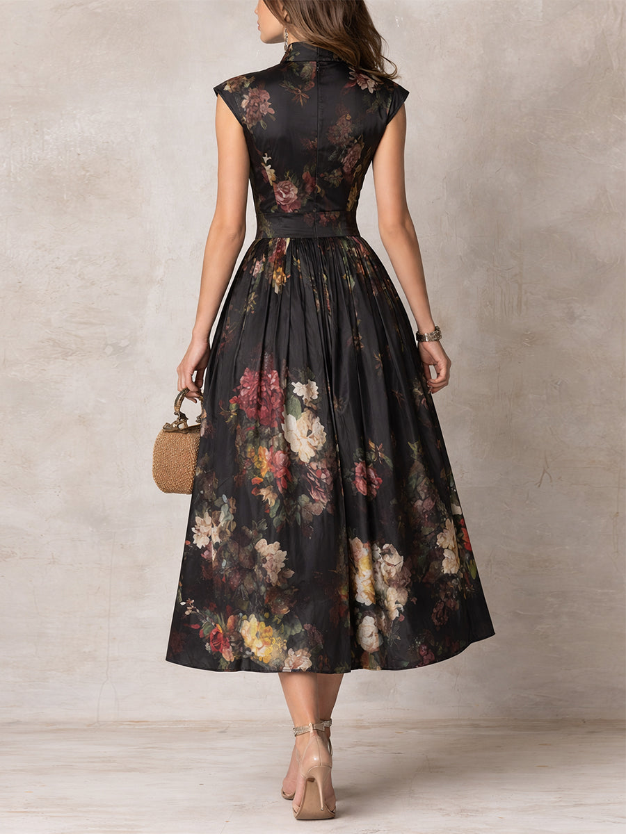 ROBE MIDI NOIRE VIONNA, SATIN PLISSÉ FLORAL DÉCOUPE COEUR