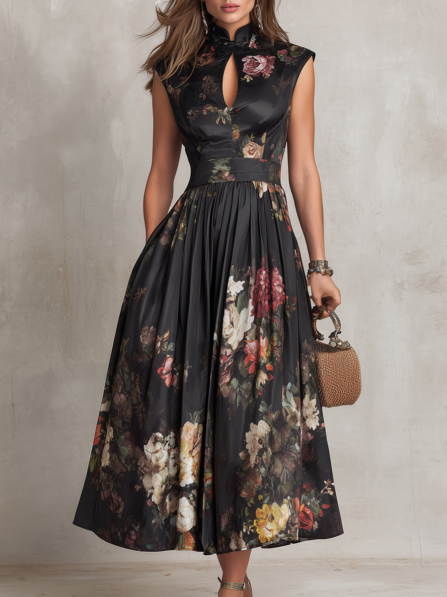 ROBE MIDI NOIRE VIONNA, SATIN PLISSÉ FLORAL DÉCOUPE COEUR