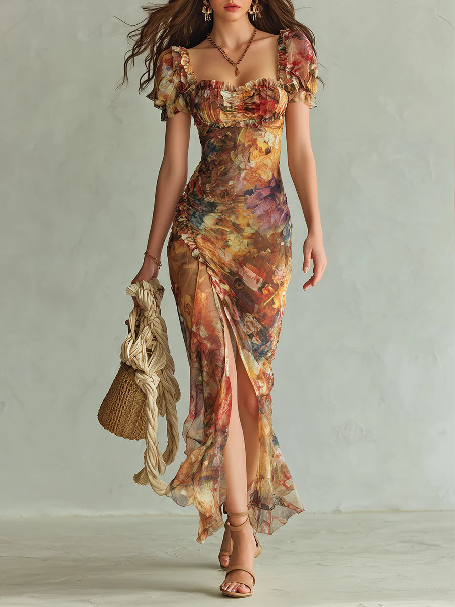 ROBE LONGUE ORANGE VIOLET EN MOUSSELINE, IMPRIMÉ PEINTURE À L'HUILE BOHÈME