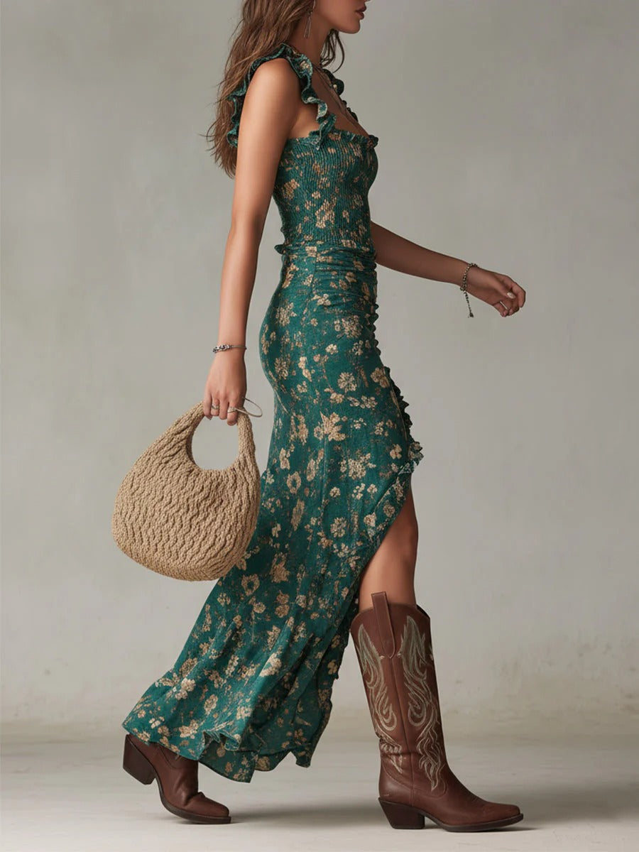 ROBE MAXI ZARIA FLEURIE FRONCÉE BOHÈME À FENTE LATÉRALE